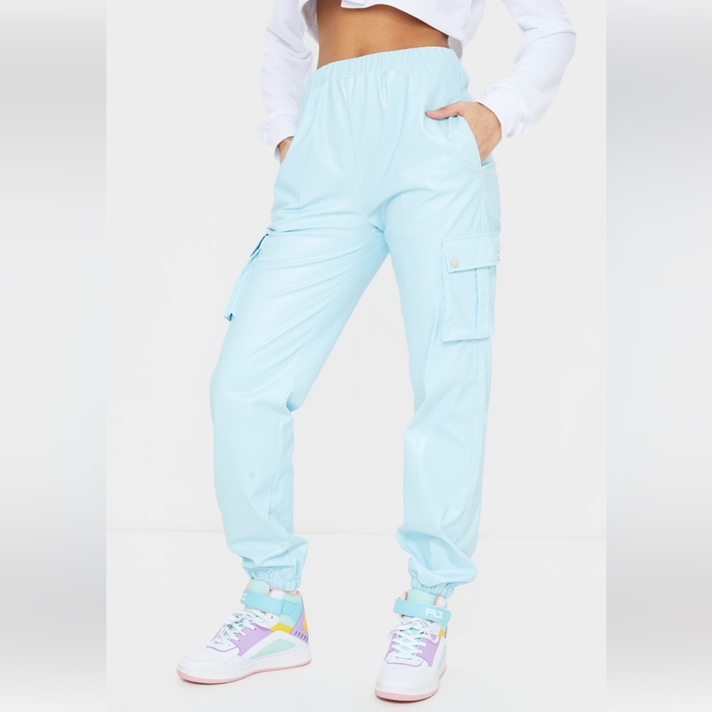 Pretty Little Thing Baby Blue Faux Leather Cargo Pants